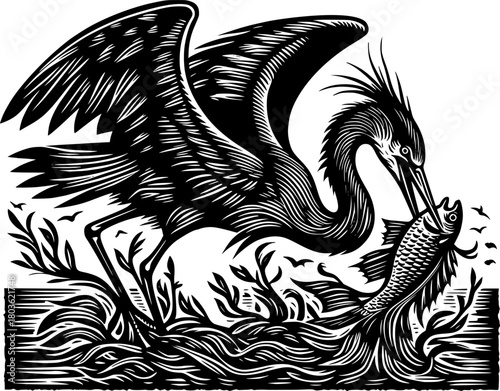  heron caught a fish. Template for business or t-shirt design. Vector. EPS version.