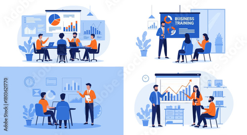People at business training look at presentation with graphics. Business training or courses concept. Business training landing page. Set flat vector modern illustration