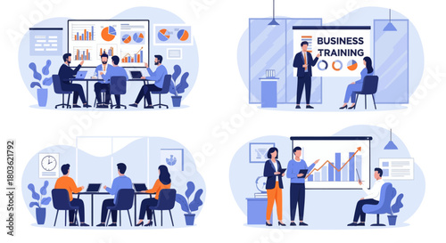 People at business training look at presentation with graphics. Business training or courses concept. Business training landing page. Set flat vector modern illustration