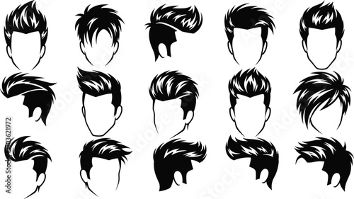Male hairstyle silhouette, modern haircut vector, trendy hair clipart, barbershop style icons, fashion grooming set, cad drawing flat vector illustration