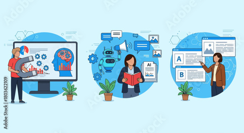 Man with computer. AI-Enhanced Automated Customer Engagement. A-B Testing and AI-Refined Marketing.