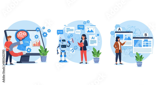 Man with computer. AI-Enhanced Automated Customer Engagement. A-B Testing and AI-Refined Marketing.