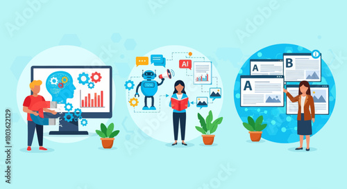 Man with computer. AI-Enhanced Automated Customer Engagement. A-B Testing and AI-Refined Marketing.