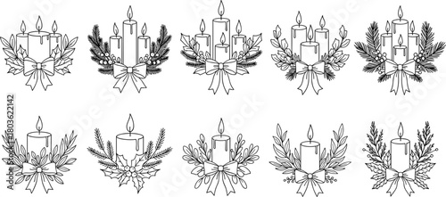 Set of Christmas Candle Wreath Line Art Silhouettes, Featuring Pine Branches, Holly Berries, and Ribbon Bows, Holiday Decoration Flat Vector Illustration
