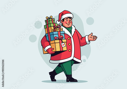 A cartoon man dressed as Santa Claus carries a stack of colorful wrapped Christmas gifts.