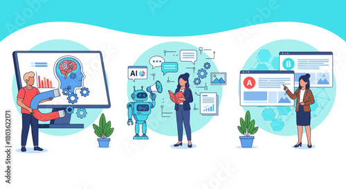 Man with computer. AI-Enhanced Automated Customer Engagement. A-B Testing and AI-Refined Marketing.