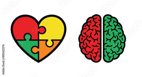 Balancing logic and emotion with a colorful heart and brain puzzle