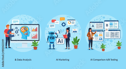 Man with computer. AI-Enhanced Automated Customer Engagement. A-B Testing and AI-Refined Marketing.