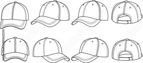 A collection of baseball cap designs in a black and white sketch