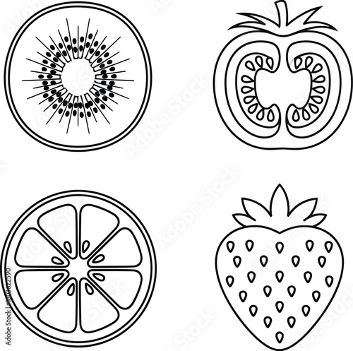 Black and white line art depictions of kiwi strawberry orange and pomegranate