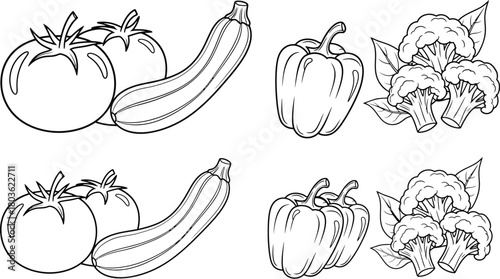 Black and white illustration showcasing a variety of fresh garden vegetables