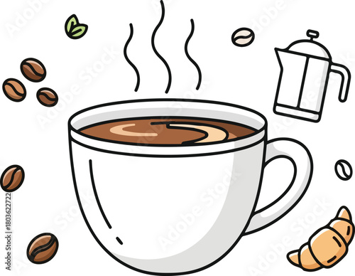 Illustration of a steaming cup of coffee with a swirl of cream, surrounded by coffee beans, a French press, a croissant, and leaves.