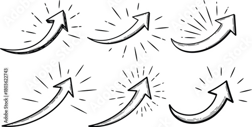 Black and white sketch of six curved arrows pointing in various directions