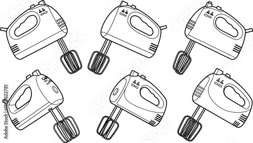 Line art illustration of multiple hand mixers arranged in a repeating pattern