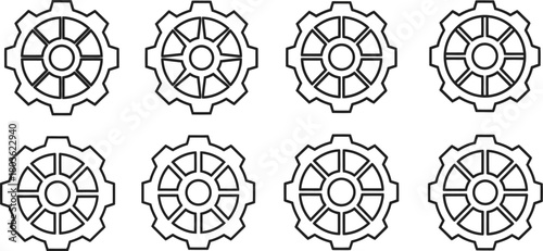 Arrangement of eight black and white gear icons in a grid pattern