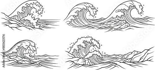 Vintage style illustration of ocean waves in a black and white sketch