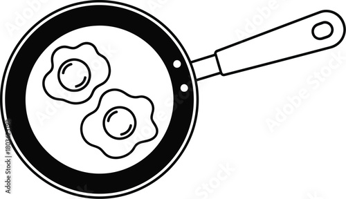 Simple black and white illustration of a frying pan with two fried eggs