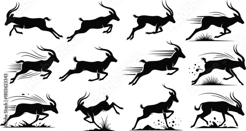 Set of Running Gazelle Silhouettes, Dynamic Wildlife Antelope in Motion, Showing Speed Lines and Nature Elements, African Safari Animal Flat Vector Illustration