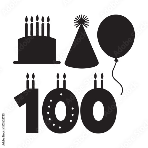  Centennial Celebration Festive Icons for 100th Birthday, Anniversary, or Milestone. 