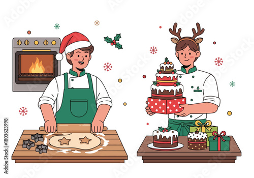 Two bakers preparing Christmas treats; one rolling dough, the other holding a tiered cake and gifts.