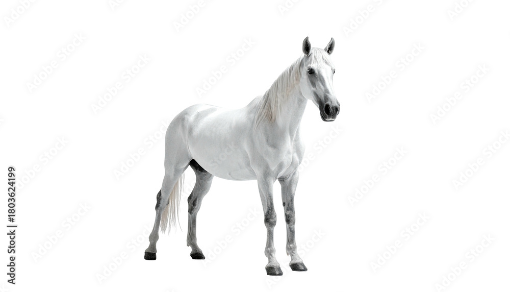 Fototapeta premium White horse stands gracefully, isolated on a black background