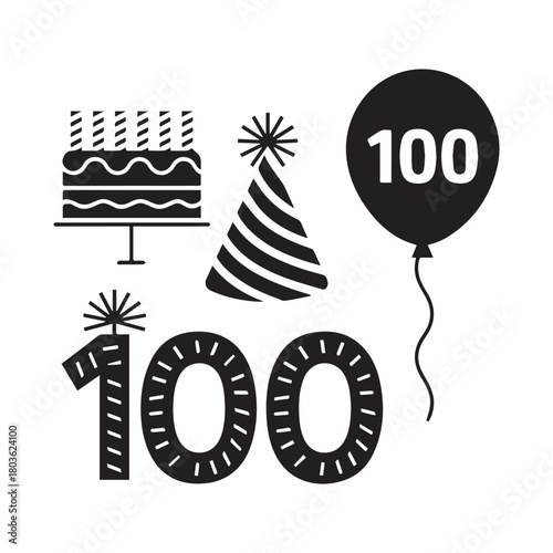  Centennial Celebration Festive Icons for 100th Birthday, Anniversary, or Milestone. 