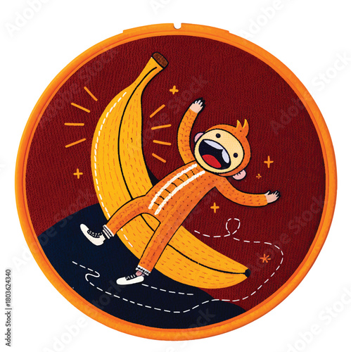 Joyful monkey in orange jumpsuit slides down giant banana, exuding pure happiness and playful energy in a delightful embroidered scene