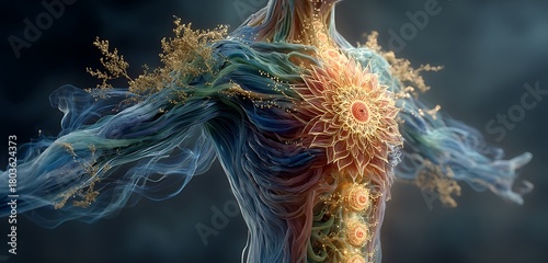 Human silhouette with chakra points labeled for mindfulness and energy balance