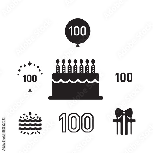  Centennial Celebration Festive Icons for 100th Birthday, Anniversary, or Milestone. 