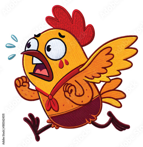 Scared cartoon chicken running fast with wide eyes and open mouth, expressing panic and extreme fear with sweat drops flying