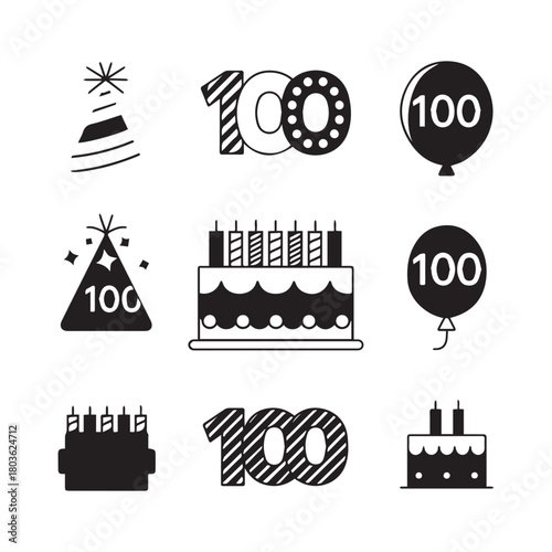  Centennial Celebration Festive Icons for 100th Birthday, Anniversary, or Milestone. 