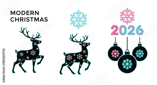 Modern Christmas 2026 card design with reindeer and snowflakes