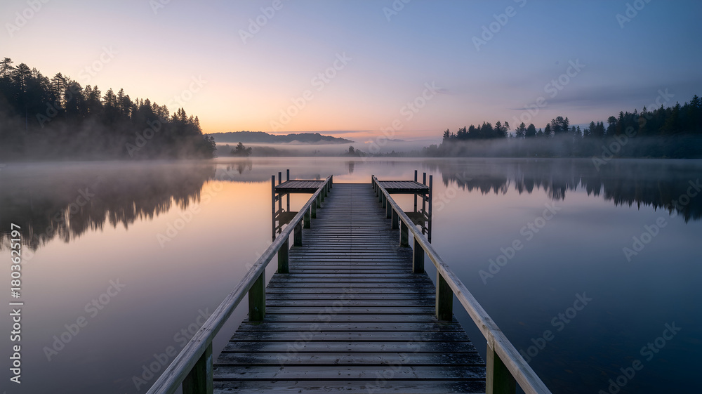 Fototapeta premium Peaceful Lake Pier at Sunrise – Tranquil Water, Misty Morning & Scenic Reflection