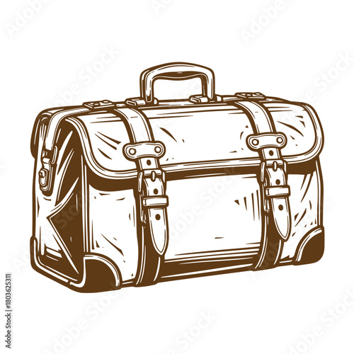 Detailed brown sketch of a vintage satchel bag with buckles and handle illustration