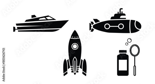 Vector graphics of boat submarine rocket and bubbles illustration