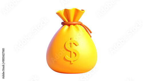 Glowing yellow bag with dollar sign, tied with brown cord