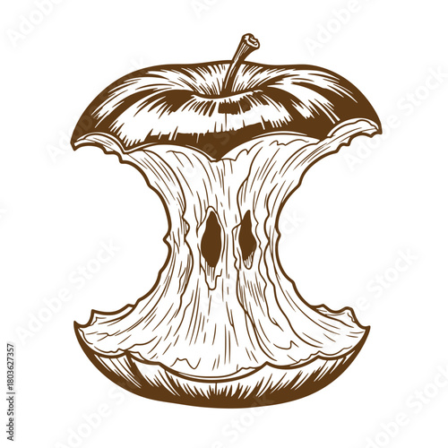 Artistic brown sketch of a hollowed out apple core food waste concept isolated