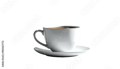 White cup filled with dark liquid on a white saucer, isolated