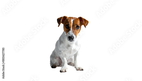 Jack Russell terrier sits, gazing slightly downwards