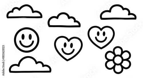 Happy doodles of clouds, hearts, smiles and flower for positive vibes