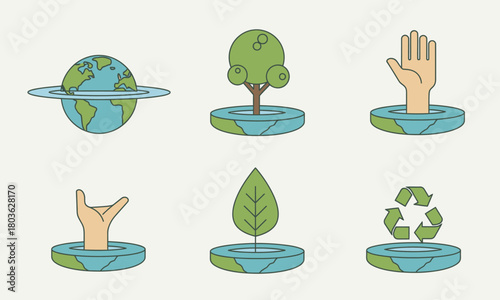 Earth Day Icons Planet Tree Hand Leaf Recycle.