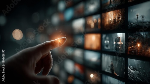 Interactive finger touching a digital screen displaying various cinematic content, perfect for movie streaming services and film production