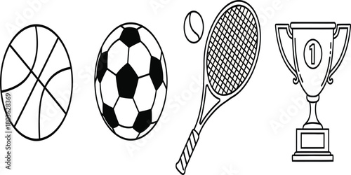 Sports equipment vector line icon set, a collection of sports related items in outline style