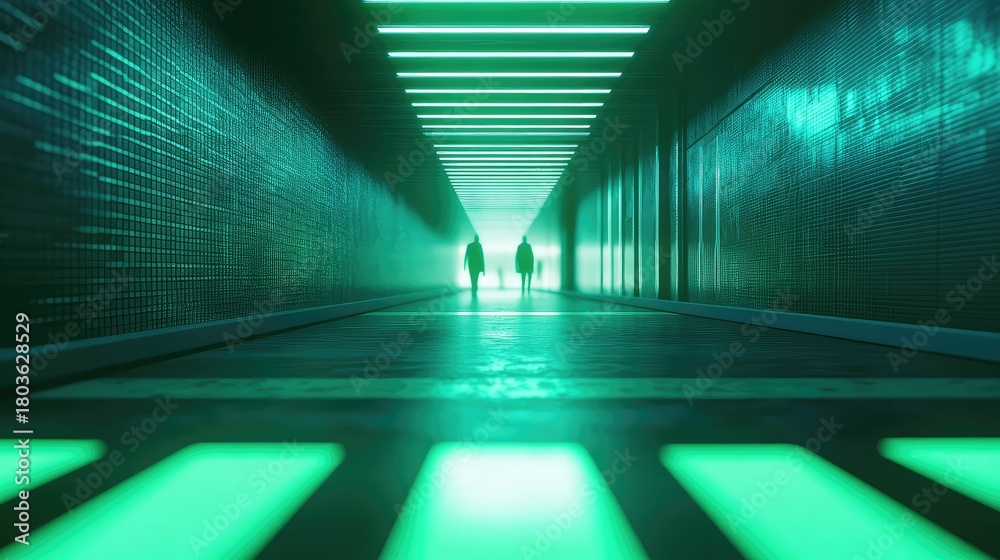 Fototapeta premium Silhouettes walking through futuristic green glowing corridor