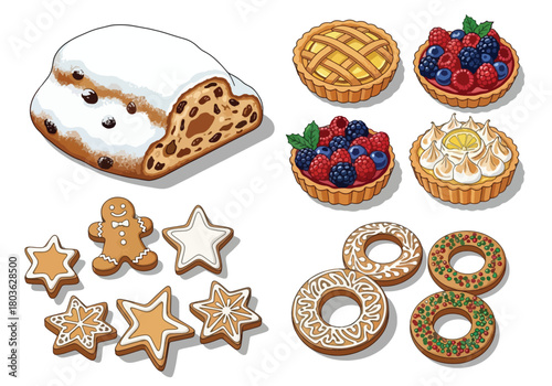 An assortment of various baked goods, including cakes, tarts, and cookies.
