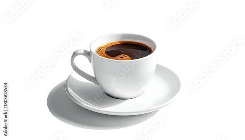 Steaming dark coffee fills white cup on saucer, black background