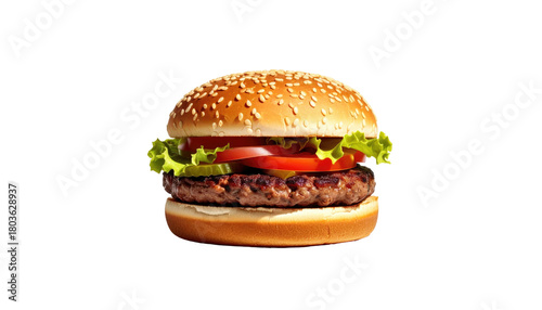 Delicious-looking burger with visible ingredients, isolated black
