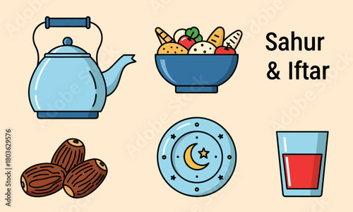 Ramadan Sahur and Iftar Meal Illustration Set.