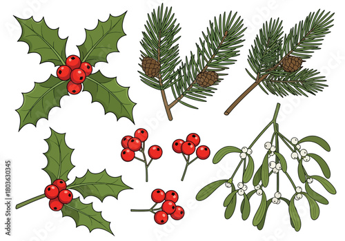 Festive cartoon illustrations of various pets and related objects, decorated for Christmas.