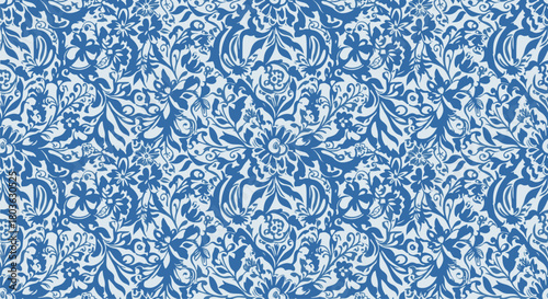 Classic blue and white floral damask seamless pattern with vintage ornamental design